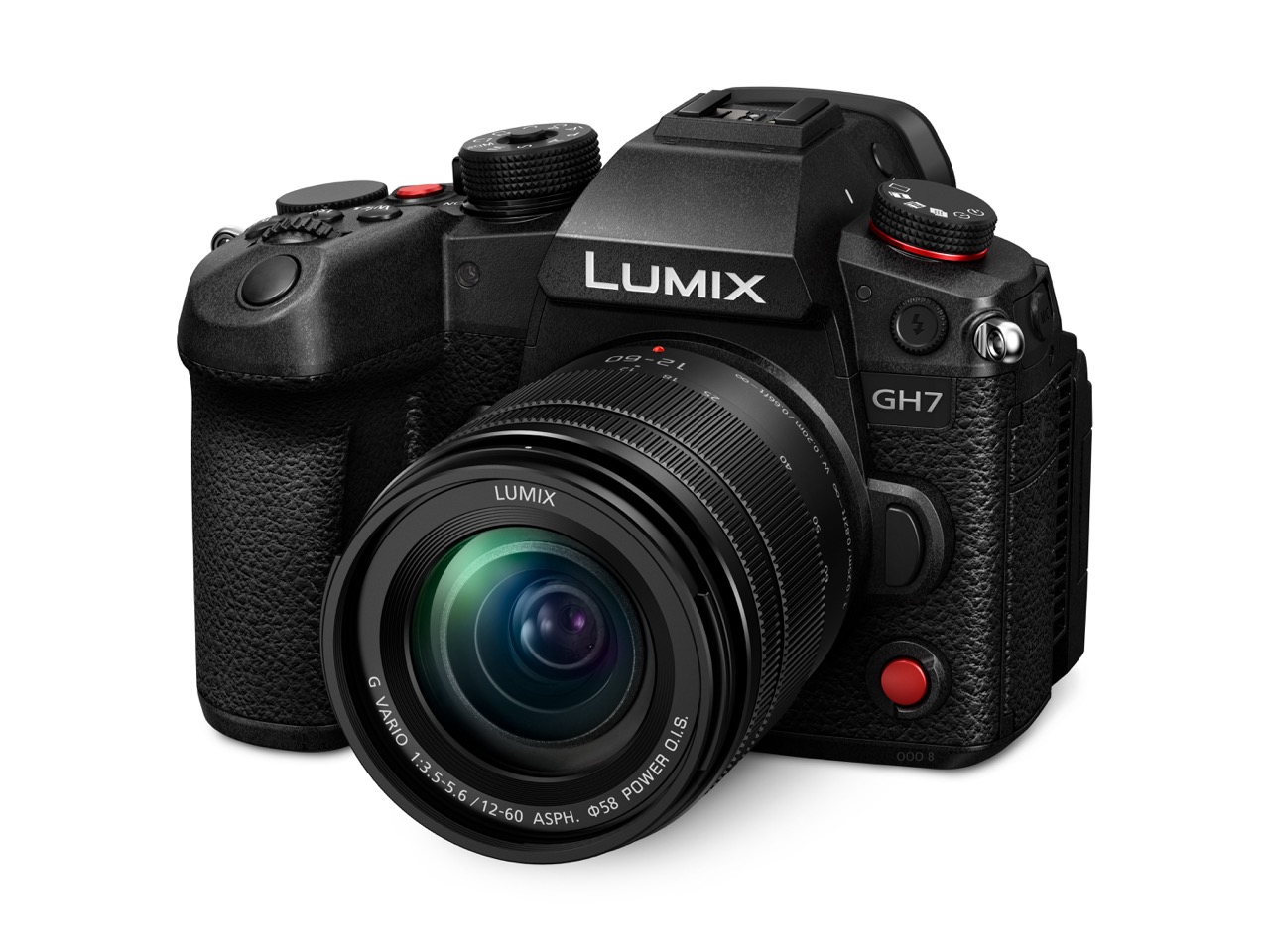 Panasonic Lumix DC-GH7 Kamera mit Lumix 12-60mm Objektiv, von Schräg vorne