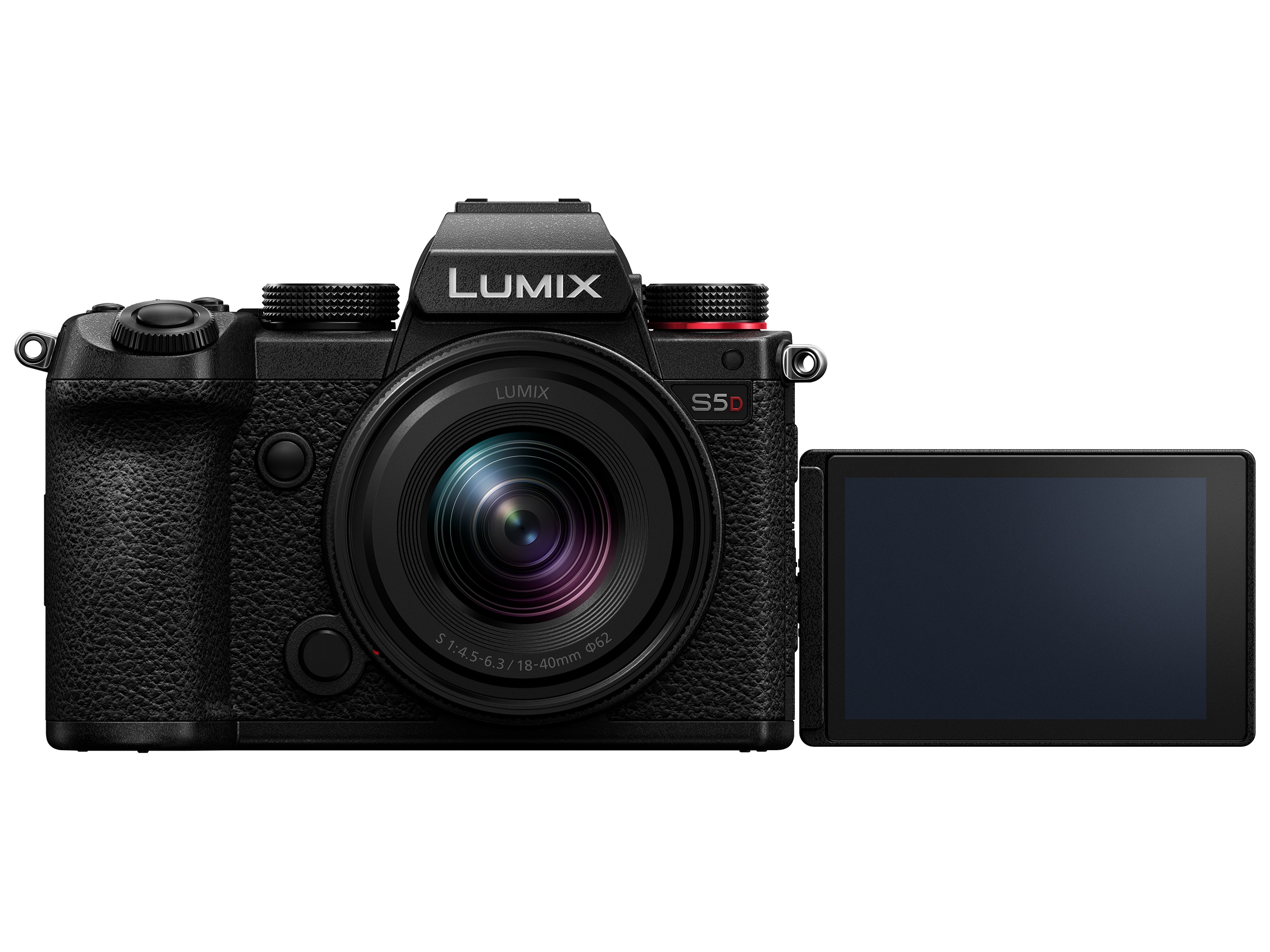 Panasonic Lumix DC-S5D Systemkamera mit 18-40mm Objektiv, Frontalansicht mit ausgeklapptem Bildschirm