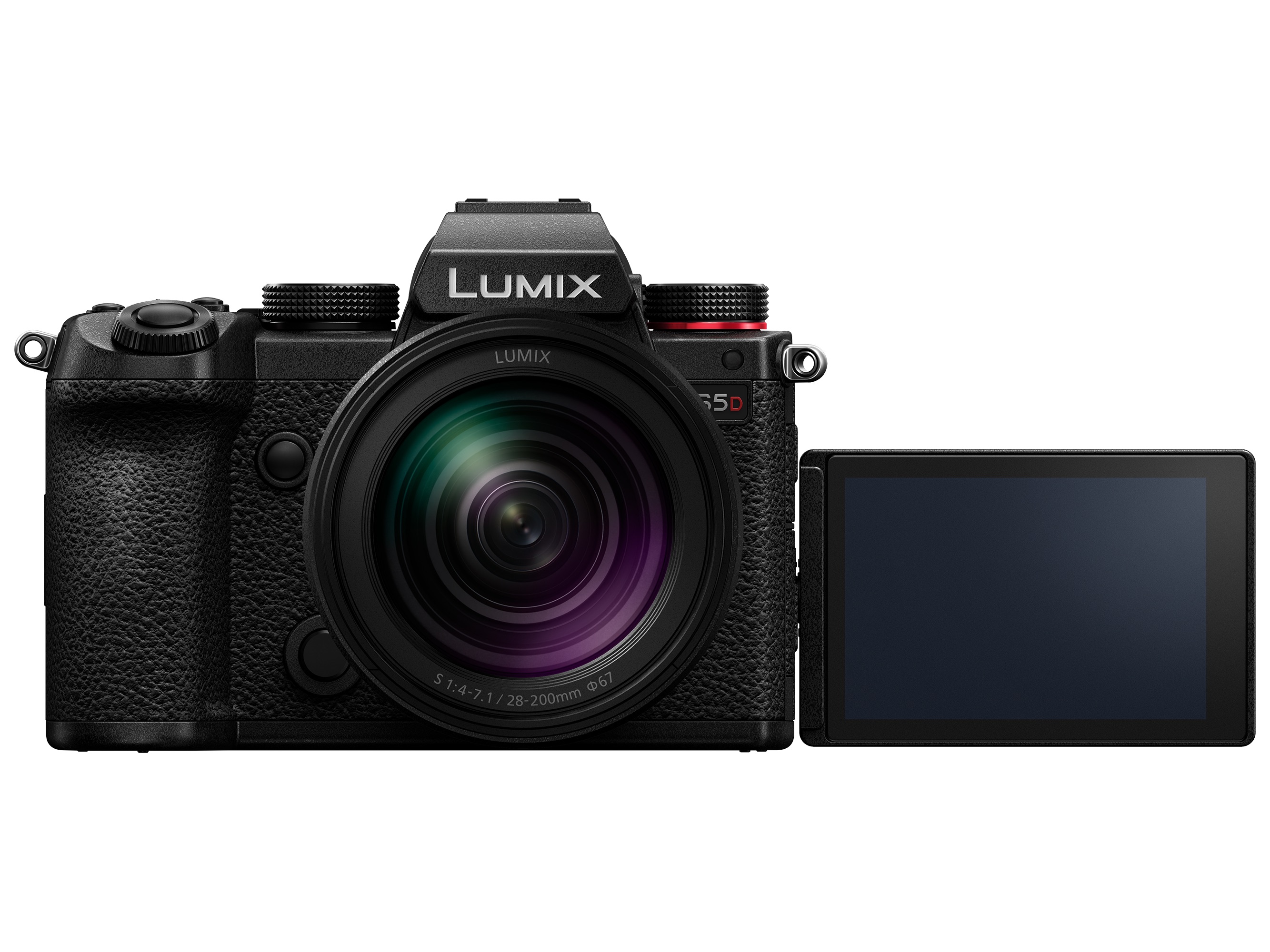 Panasonic Lumix DC-S5D Systemkamera mit 28-200mm Objektiv, Frontalansicht mit ausgeklapptem Bildschirm+