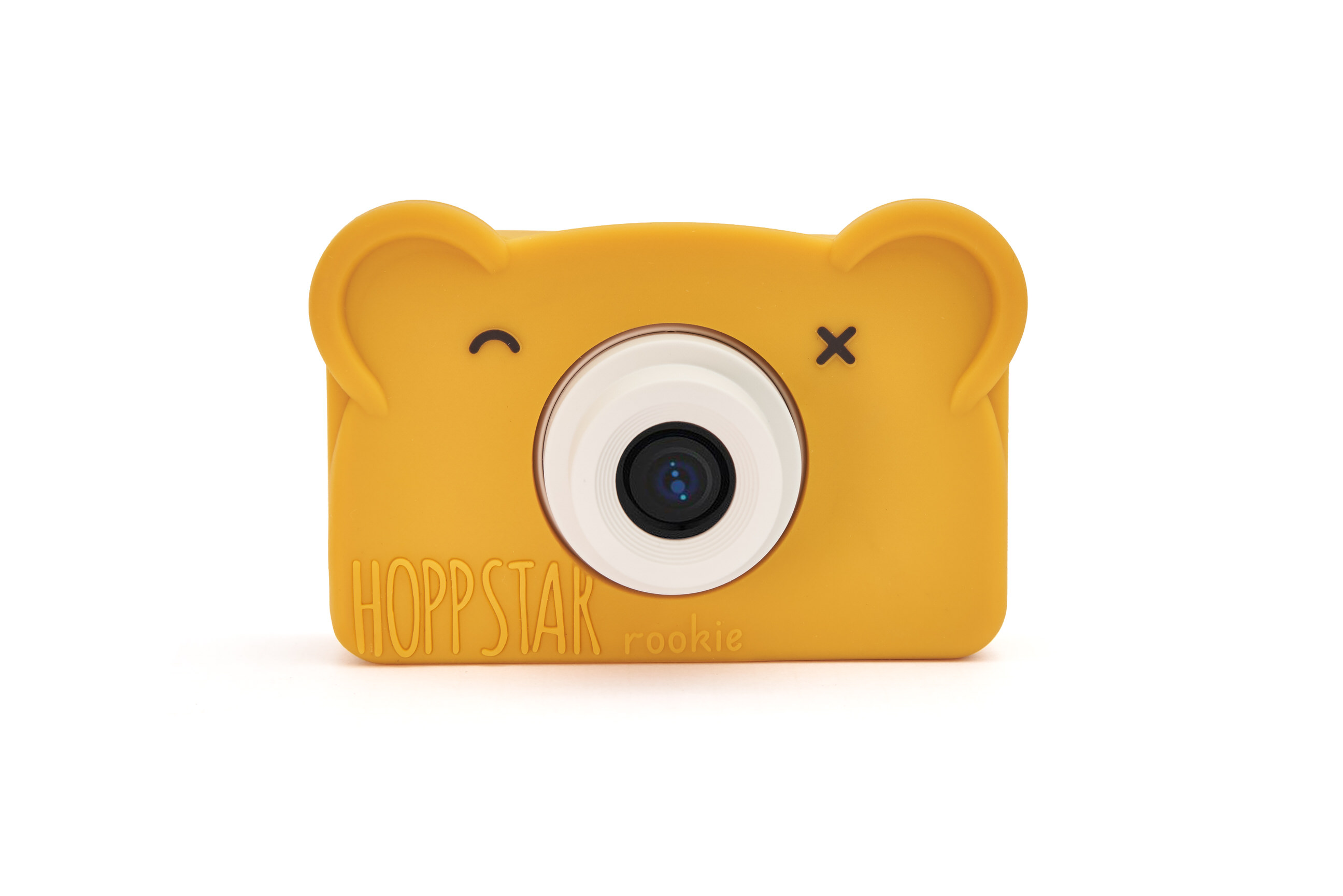 Hoppstar Rookie Kamera mit Bear Honey (Senfgelb) Silikobhülle, Frontalansicht