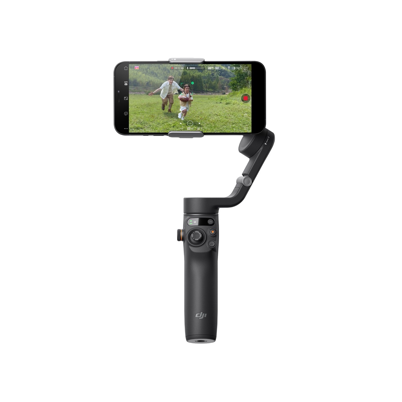 DJI Osmo Mobile 6 Gimbal, Frontal mit Smartphone mit angeschaltenem Bildschirm