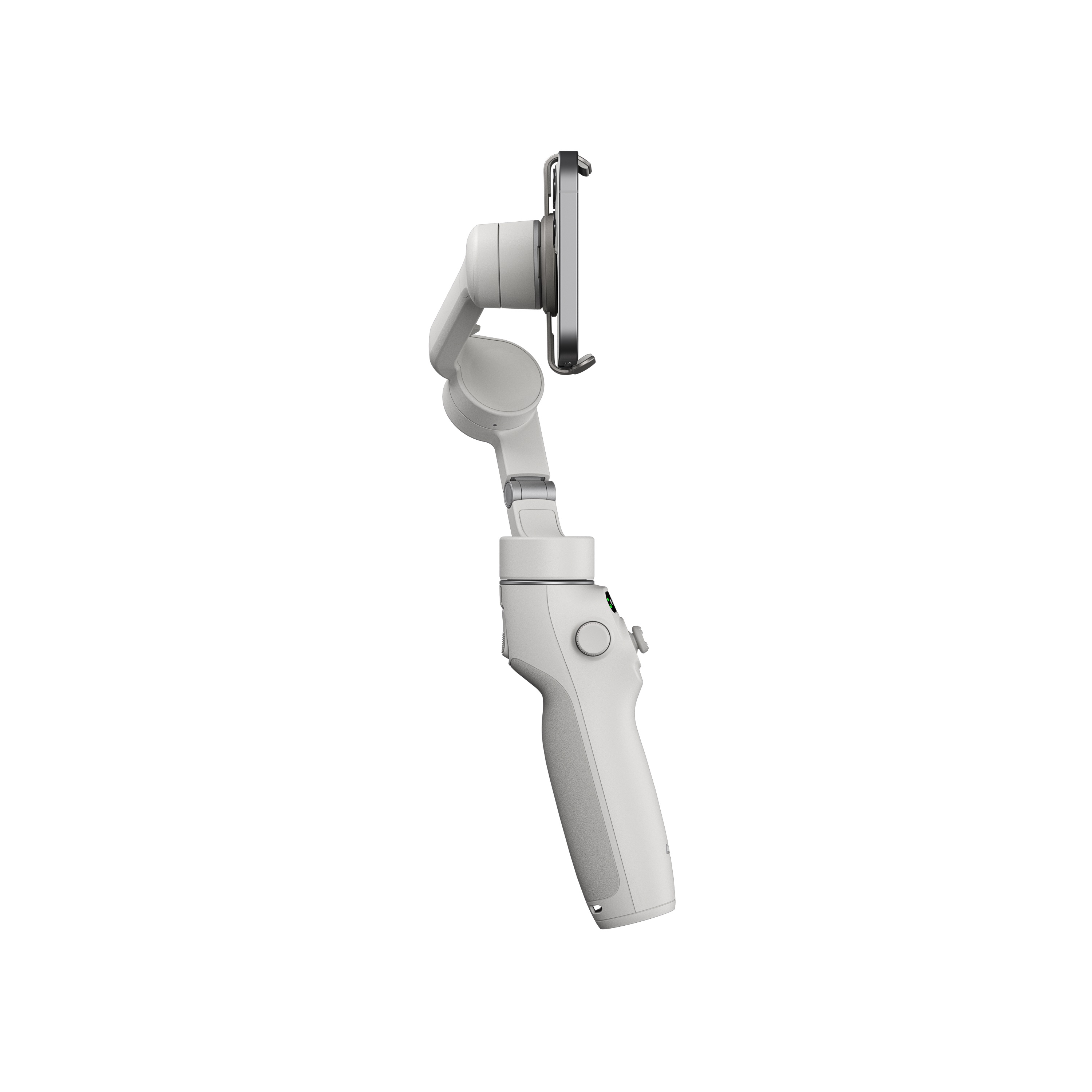 DJI Osmo Mobile 6 Gimbal in der Farbe Platinum Gray,  mit Smartphone ansicht von links