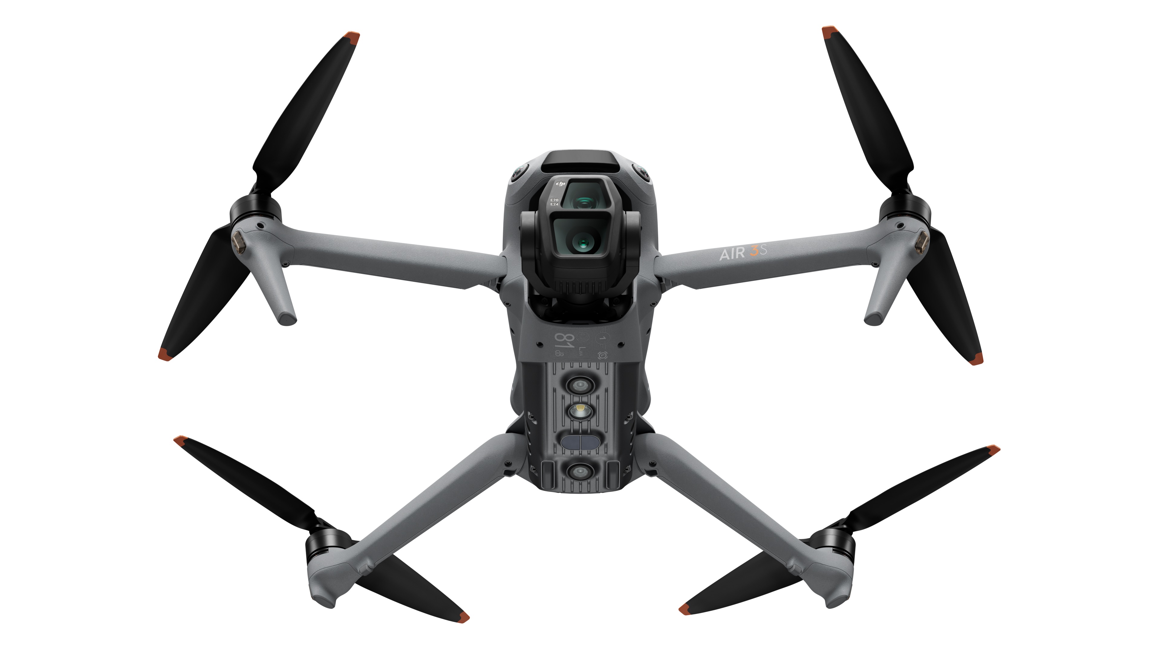 DJI Air 3S Kameradrohne, Ansicht von Vorne, Schräg unten