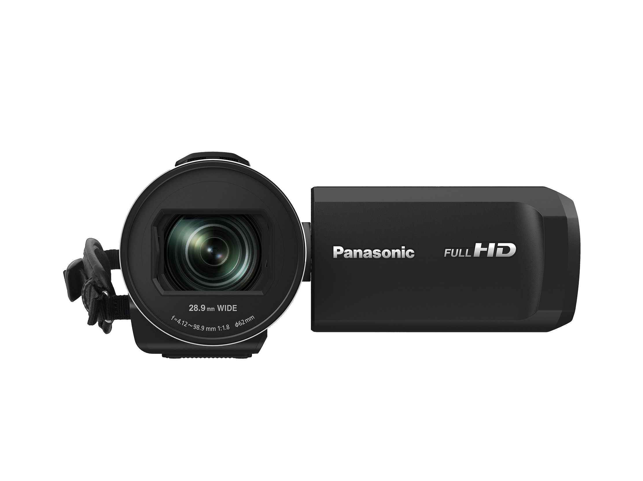 Panasonic HC-V900E-K Full HD Camcorder, Frontalansicht mit geöffnetem Screen