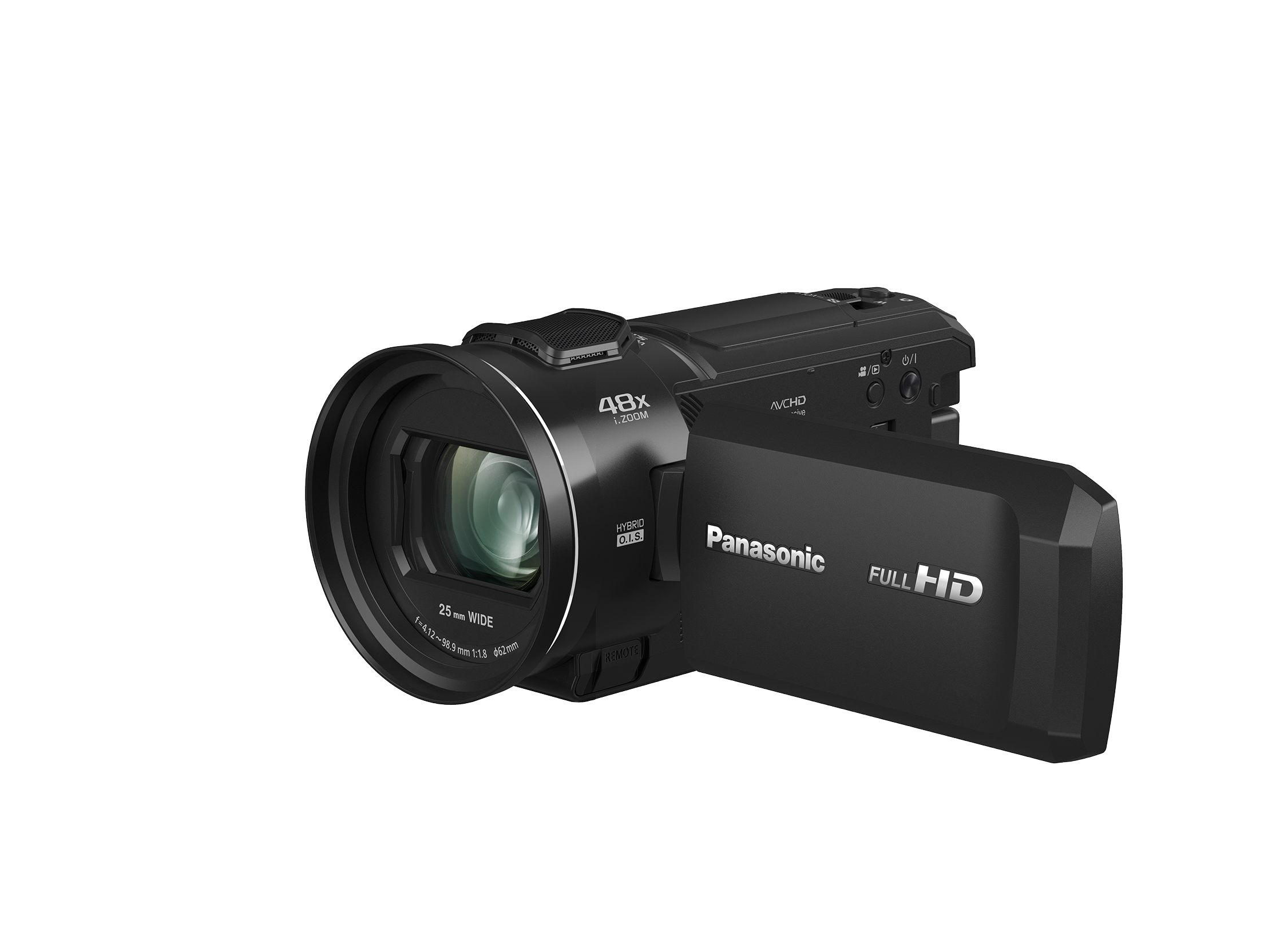 Panasonic HC-V900E-K Full HD Camcorder, Frontal Schräg mit geöffnetem Screen