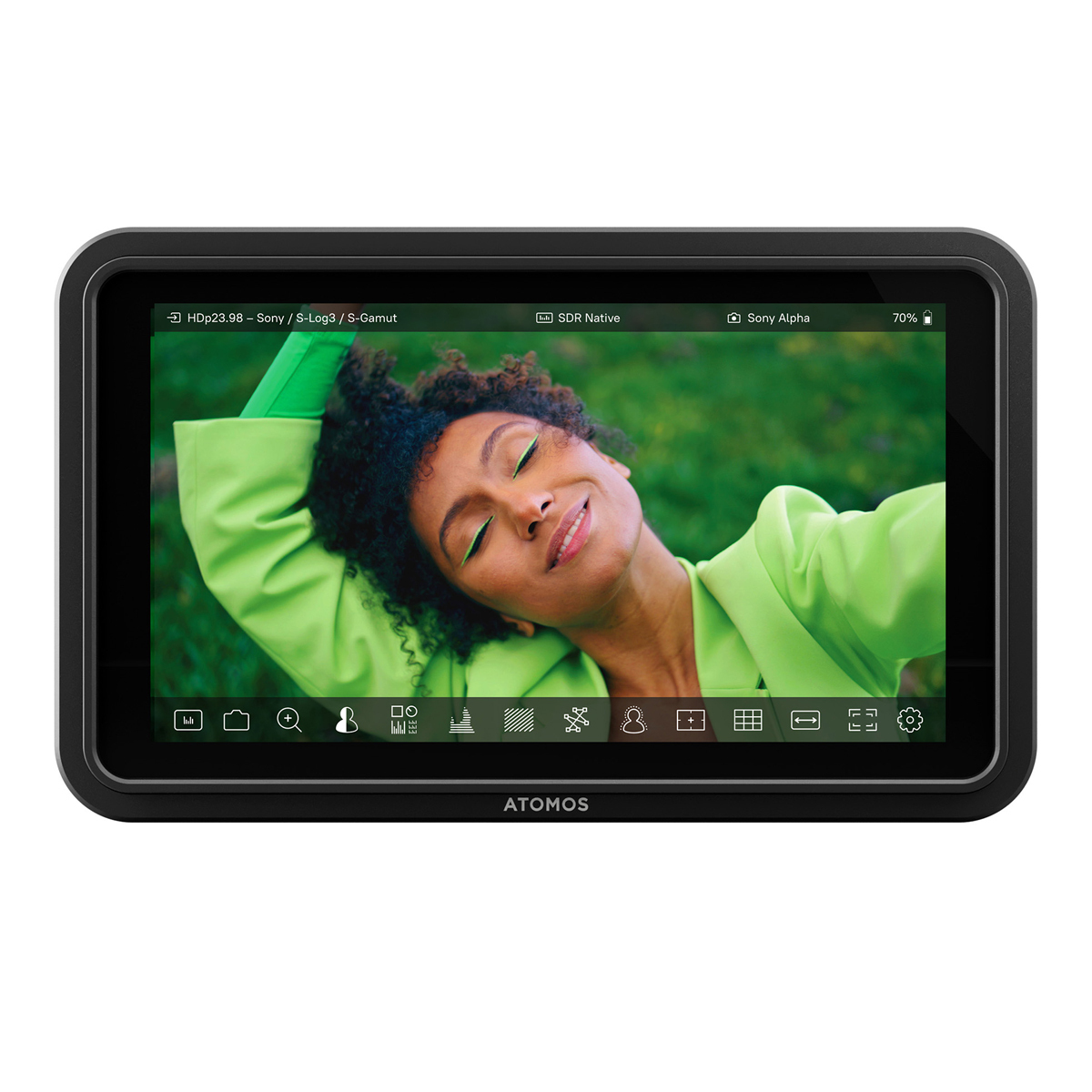 Atomos Shinobi II HDMI 5.2" mit eingeschaltenem Bildschirm und in Frontalansicht