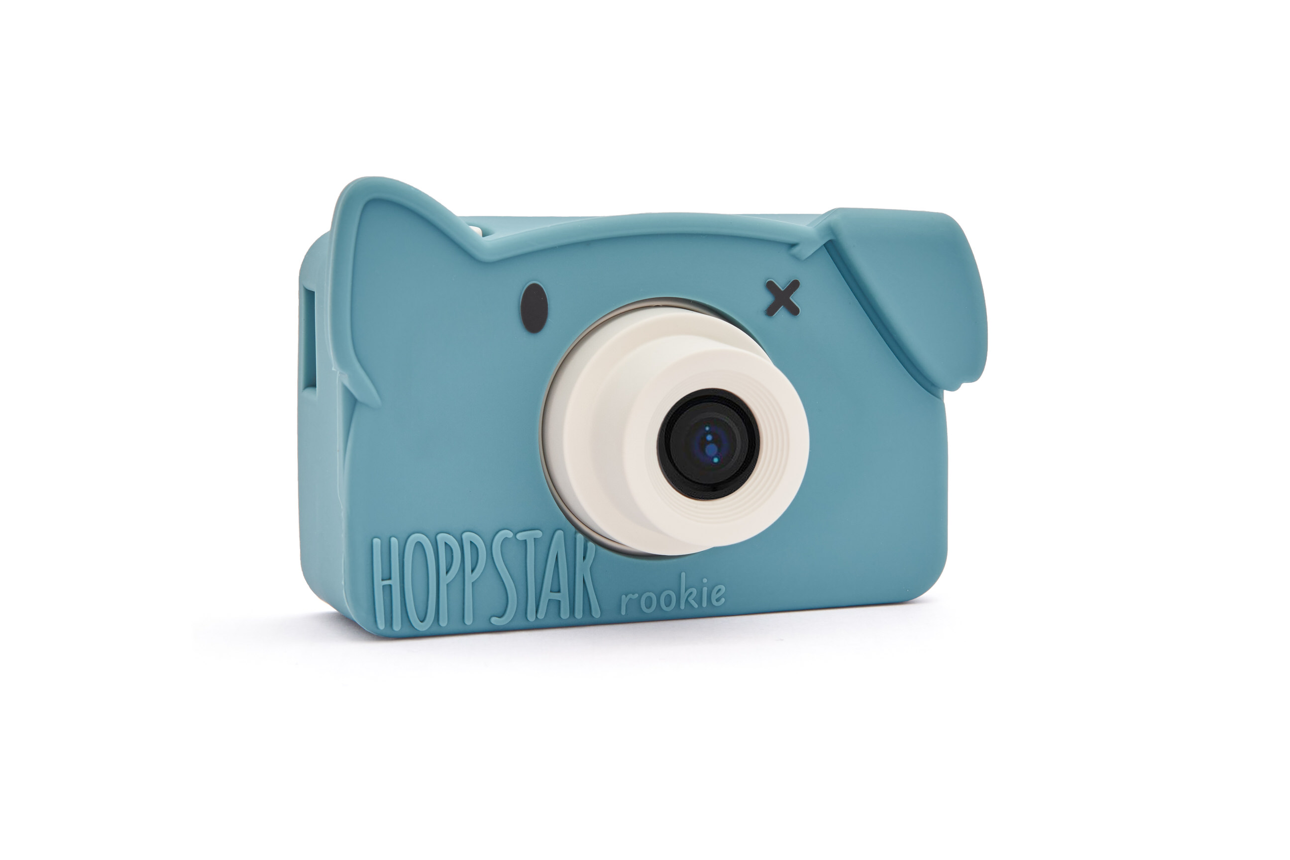 Hoppstar Rookie Kamera mit Bär Yale (blau) Silikonhülle, Frontalansicht leicht schräg