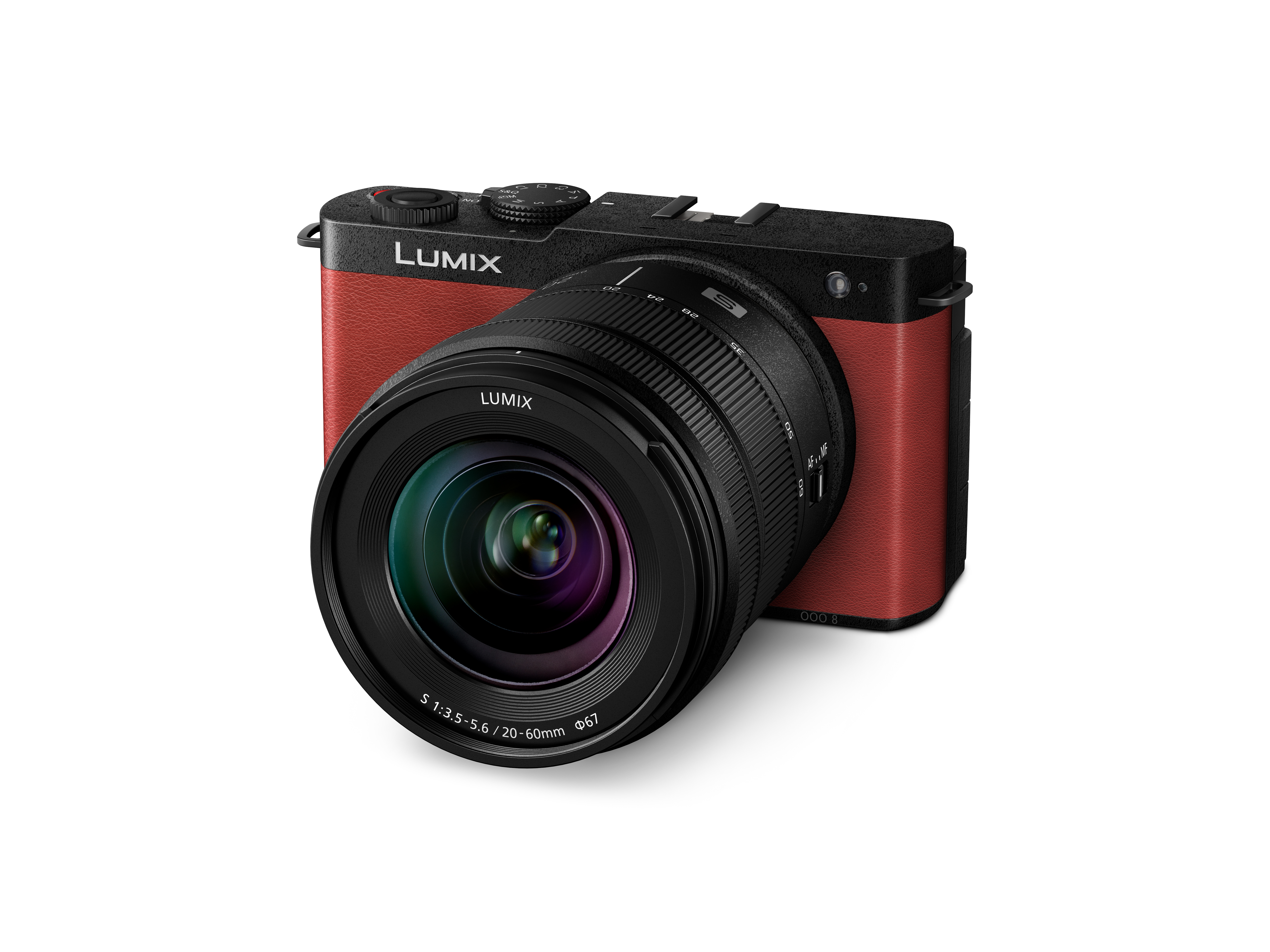 Panasonic Lumix DC-S9 Gehäuse in der Farbe Crimson Red mit 20-60mm Objektiv, Ansicht Frontal leicht schräg