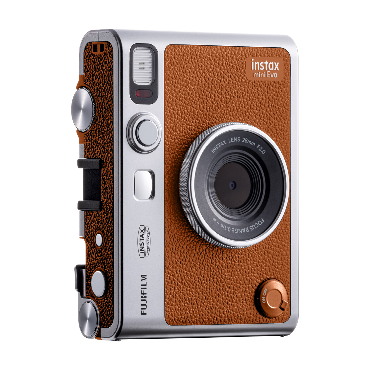 Fujifilm Instax mini EVO Hybridkamera in Braun, Ansicht Schräg vorne links