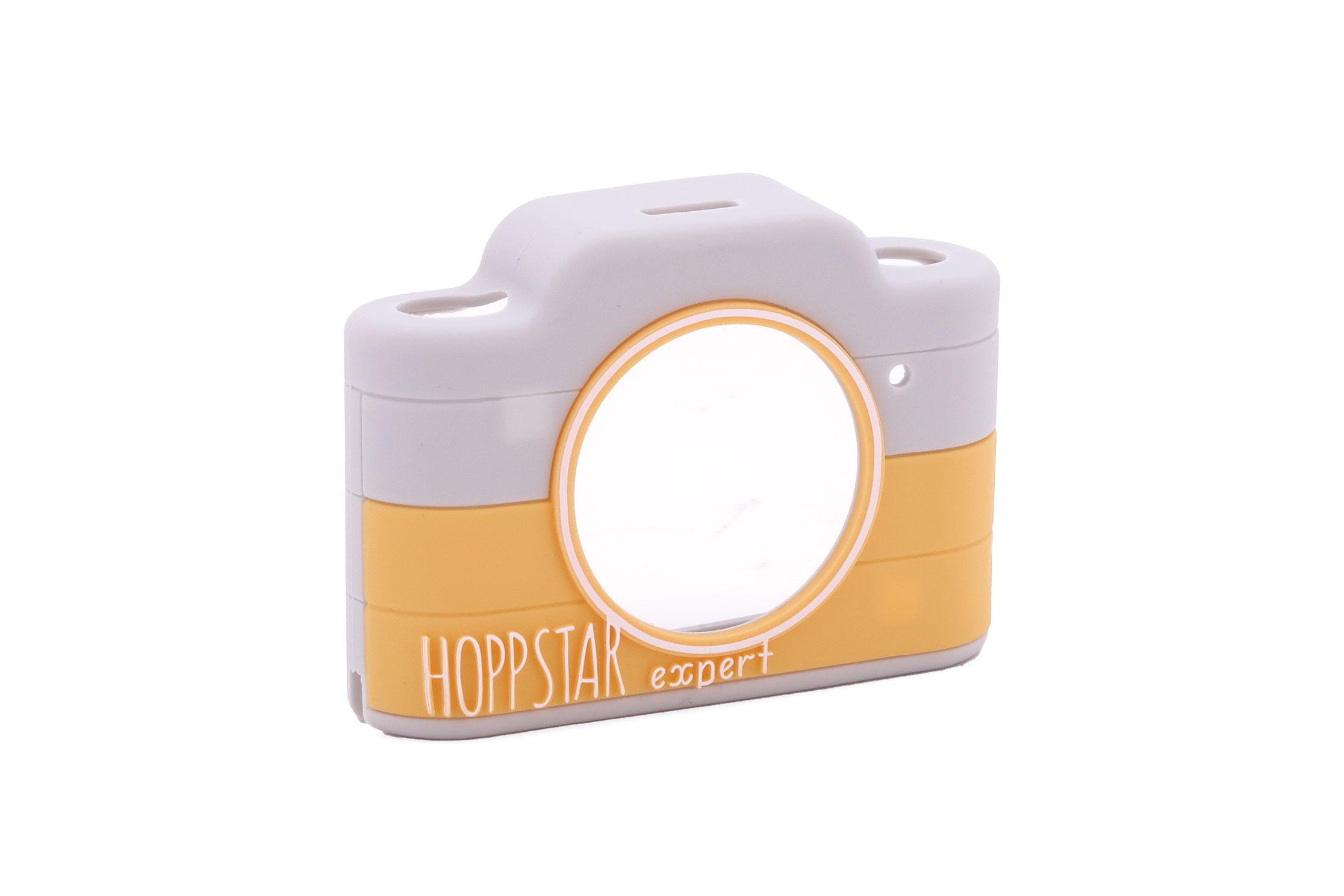 Hoppstar Expert Kamera mit Citron (gelb/weiß) Silikonhülle, Nur Silikonhülle, Ansicht von schräg vorne