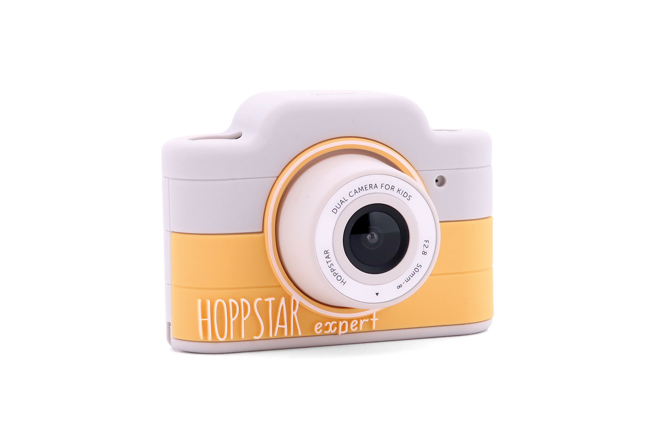 Hoppstar Expert Kamera mit Citron (gelb/weiß) Silikonhülle, Frontalansicht leicht schräg
