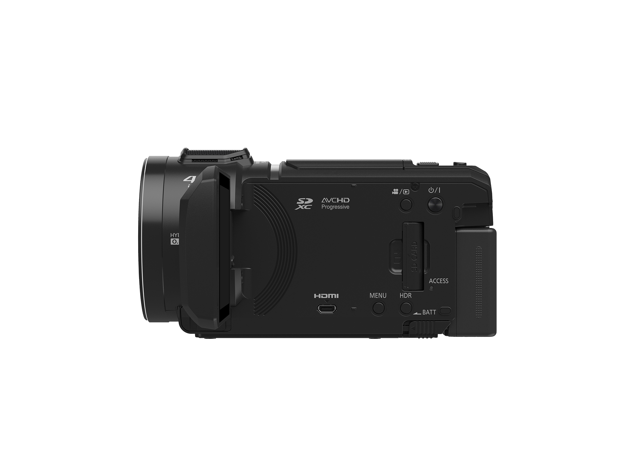 Panasonic HC-V900E-K Full HD Camcorder, Seitenansicht mit geöffnetem Screen