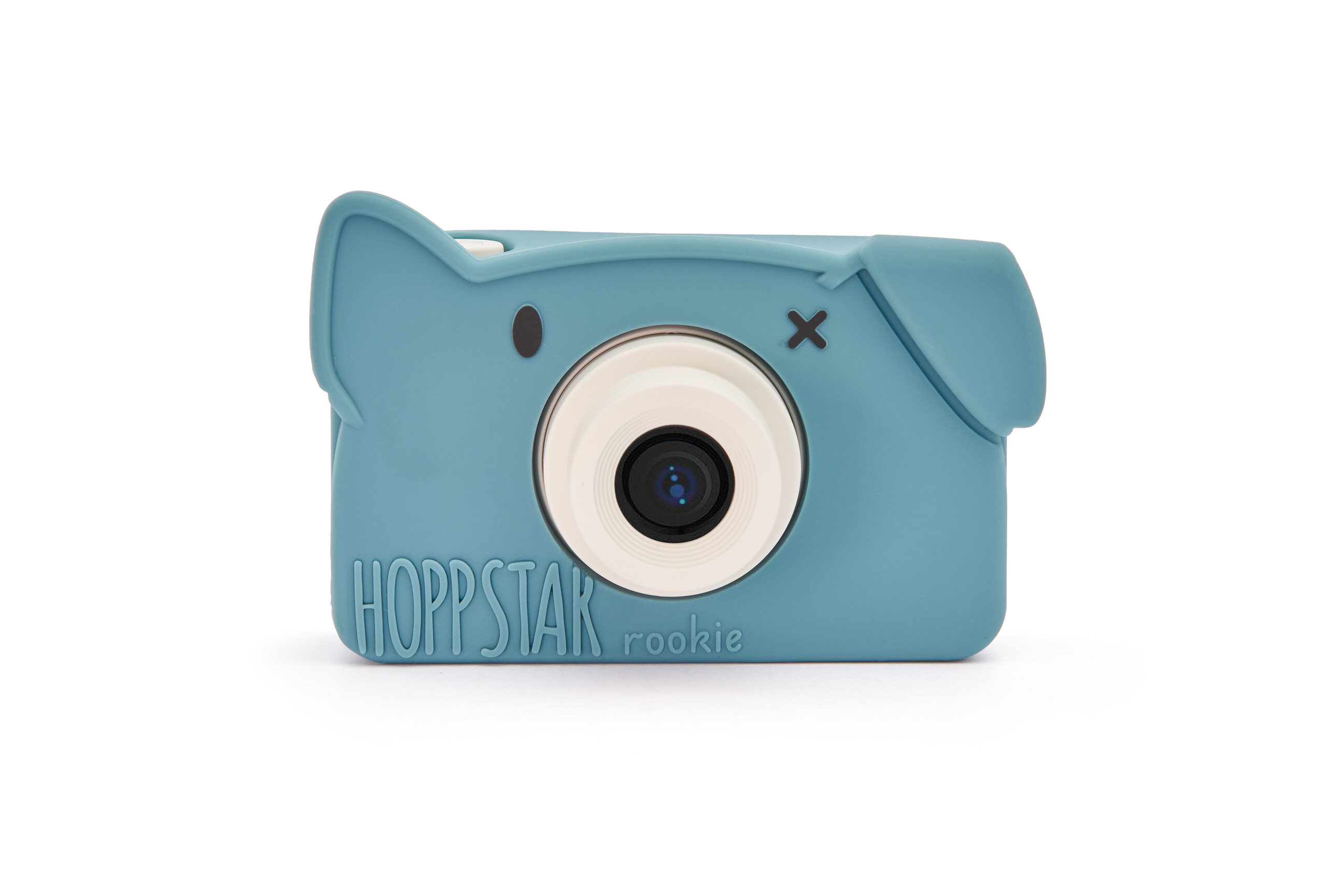 Hoppstar Rookie Kamera mit Bär Yale (blau) Silikonhülle, Frontalansicht