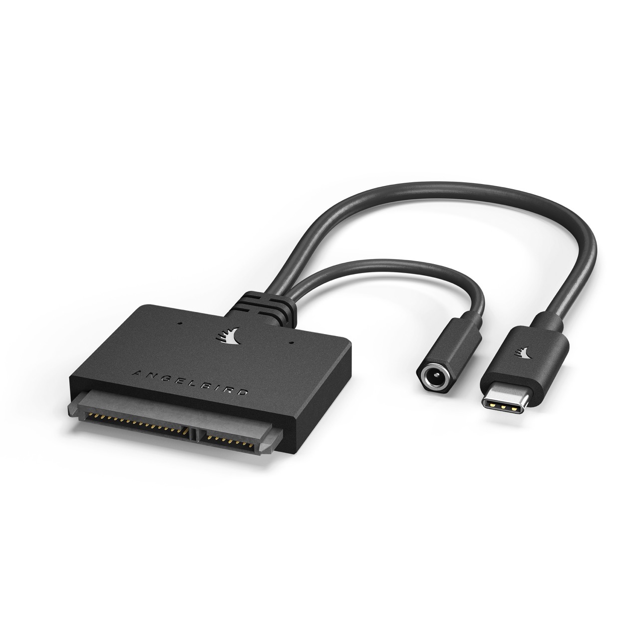 Angelbird USB-C to SATA Adapter, Ansicht so dass alle ANschlüsse zu sehen sind