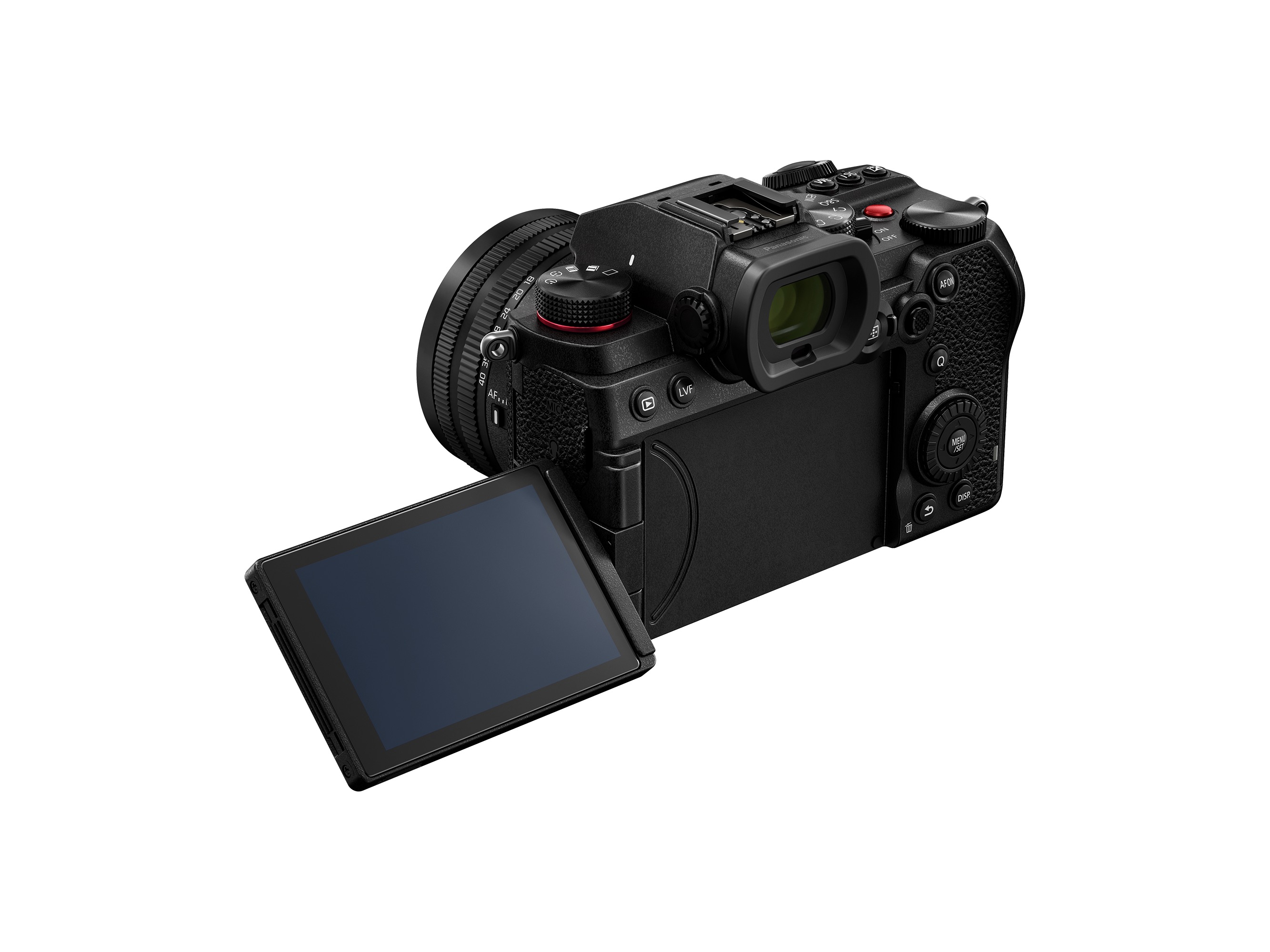 Panasonic Lumix DC-S5D Systemkamera mit 18-40mm Objektiv, Ansicht Schräg hinten mit ausgeklapptem und gedrehtem Bildschirm