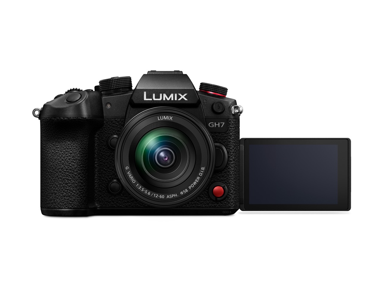 Panasonic Lumix DC-GH7 Kamera mit Lumix 12-60mm Objektiv von vorne mit heruasgeklaptem Screen