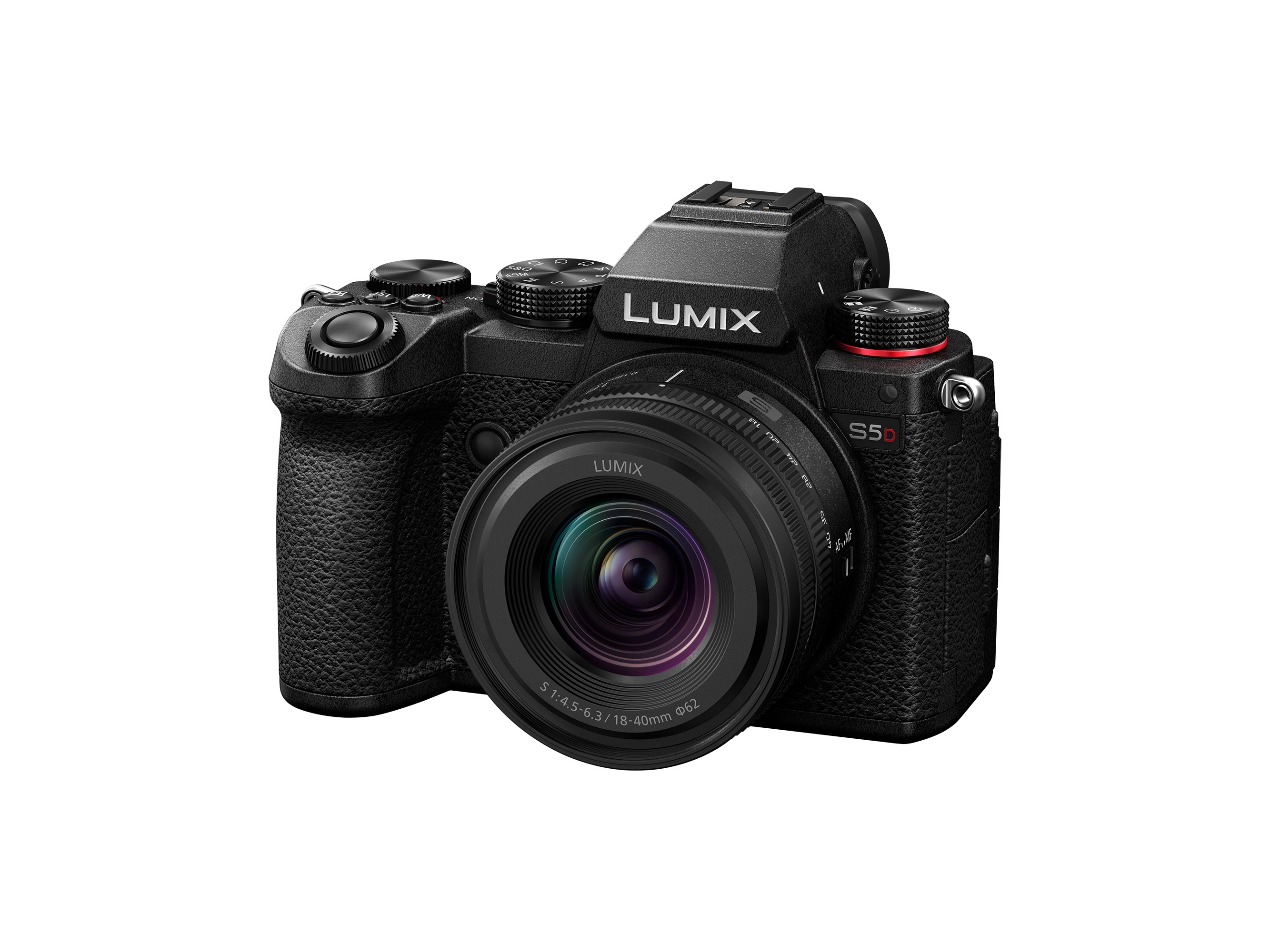 Panasonic Lumix DC-S5D Systemkamera mit 18-40mm Objektiv, Frontalansicht leicht schräg