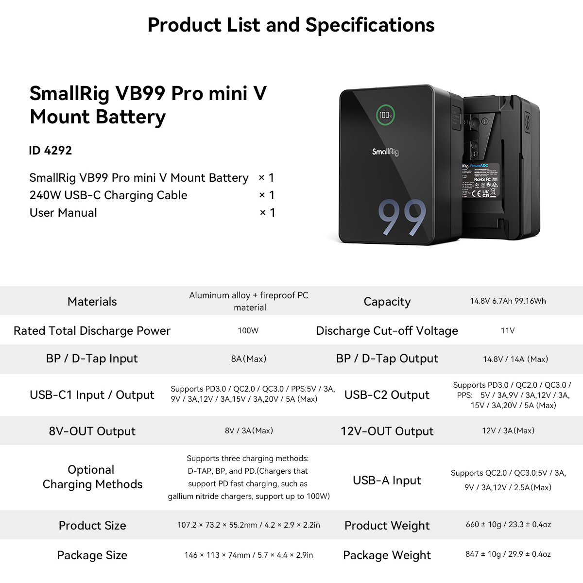 SmallRig 4292 VB99 Pro Mini V-Mount Akku, Datenblatt