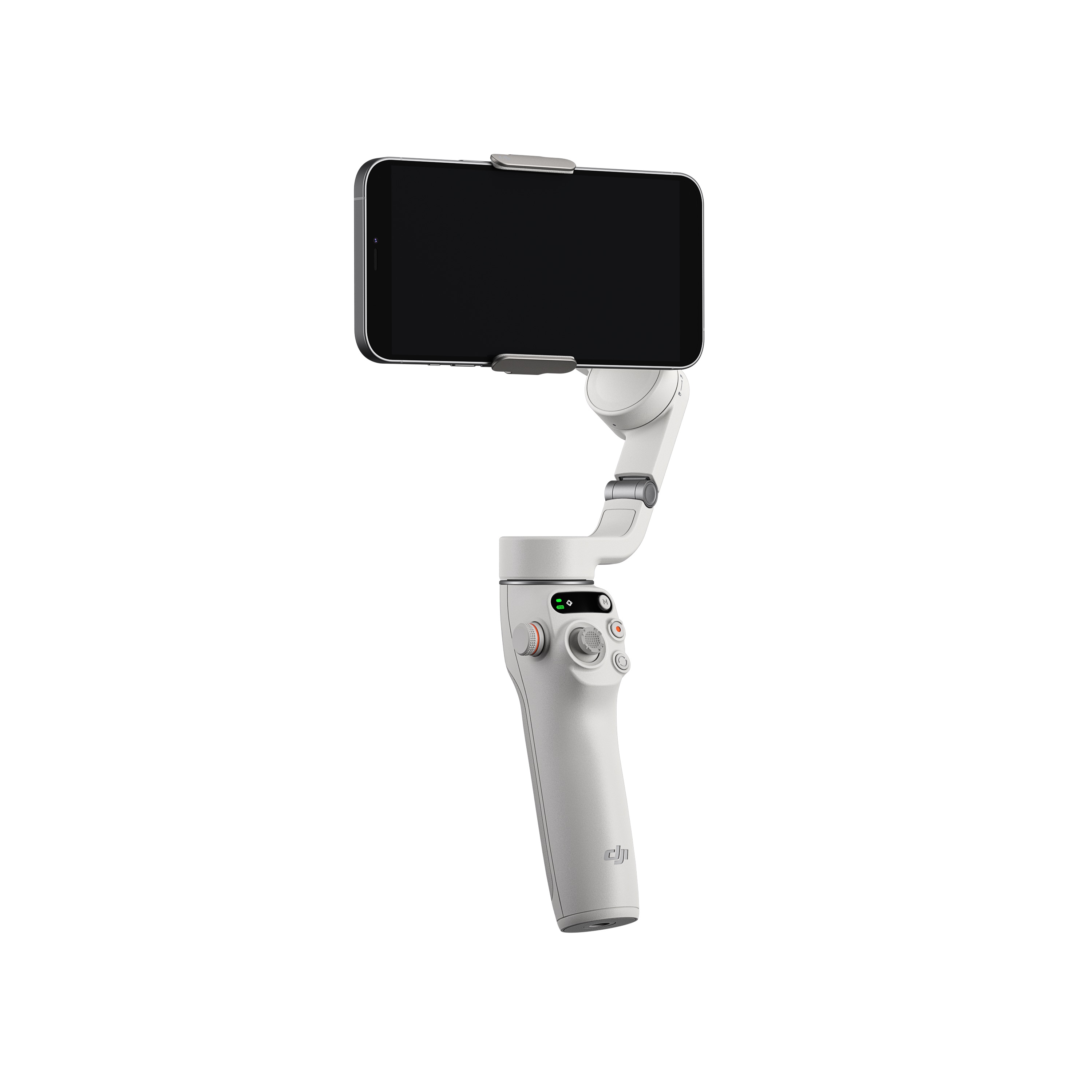 DJI Osmo Mobile 6 Gimbal in der Farbe Platinum Gray,  mit Smartphone ansicht Frontal Schräg Links