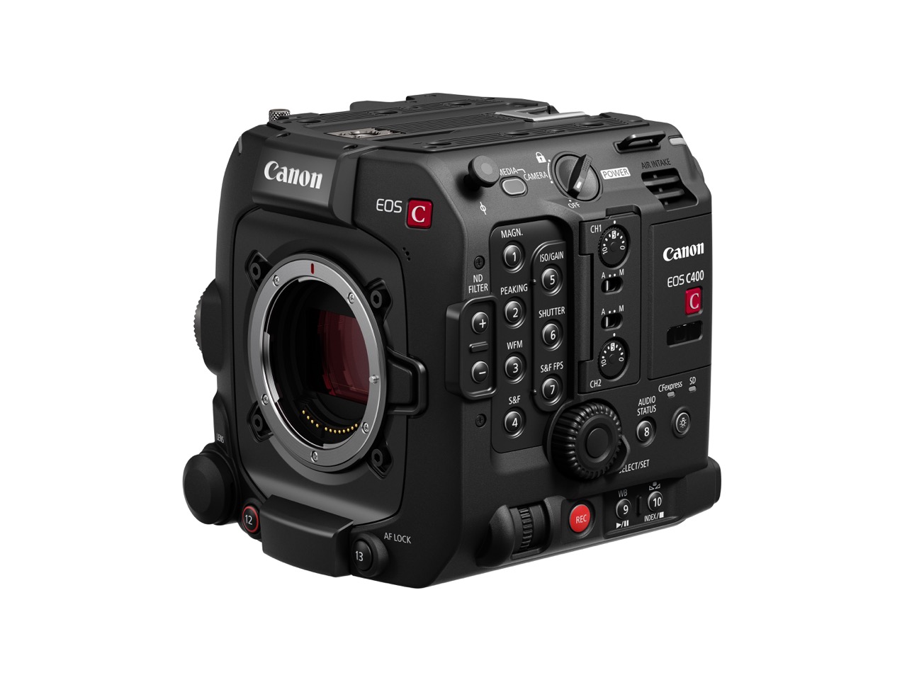 Canon Cinema EOS C400 Videokamera von Schräg vorne rechts ohne Gehäusedeckel