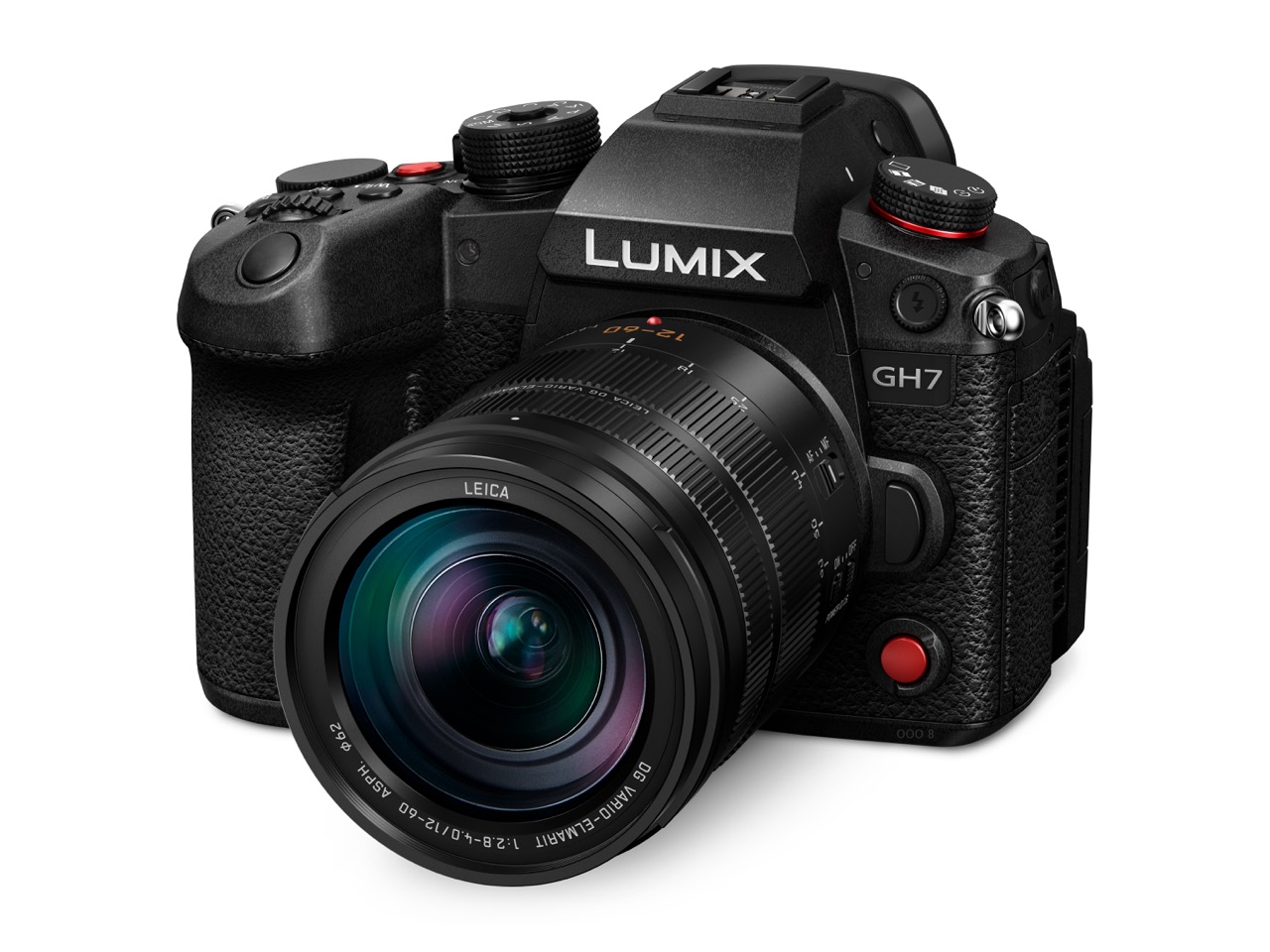 Panasonic Lumix DC-GH7 Kamera mit Leica 12-60mm Objektiv von schräg vorne