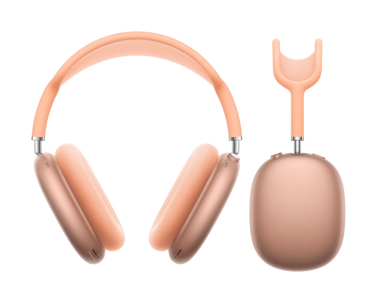 Apple AirPods Max (2024) Over-Ear Kopfhörer in der Farbe Orange, Frontalansicht und daneben Seitenansicht