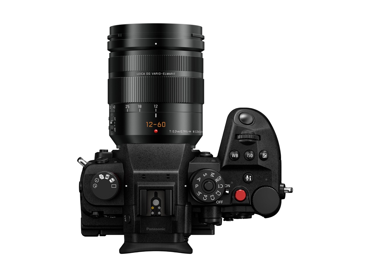 Panasonic Lumix DC-GH7 Kamera mit Leica 12-60mm Objektiv von oben
