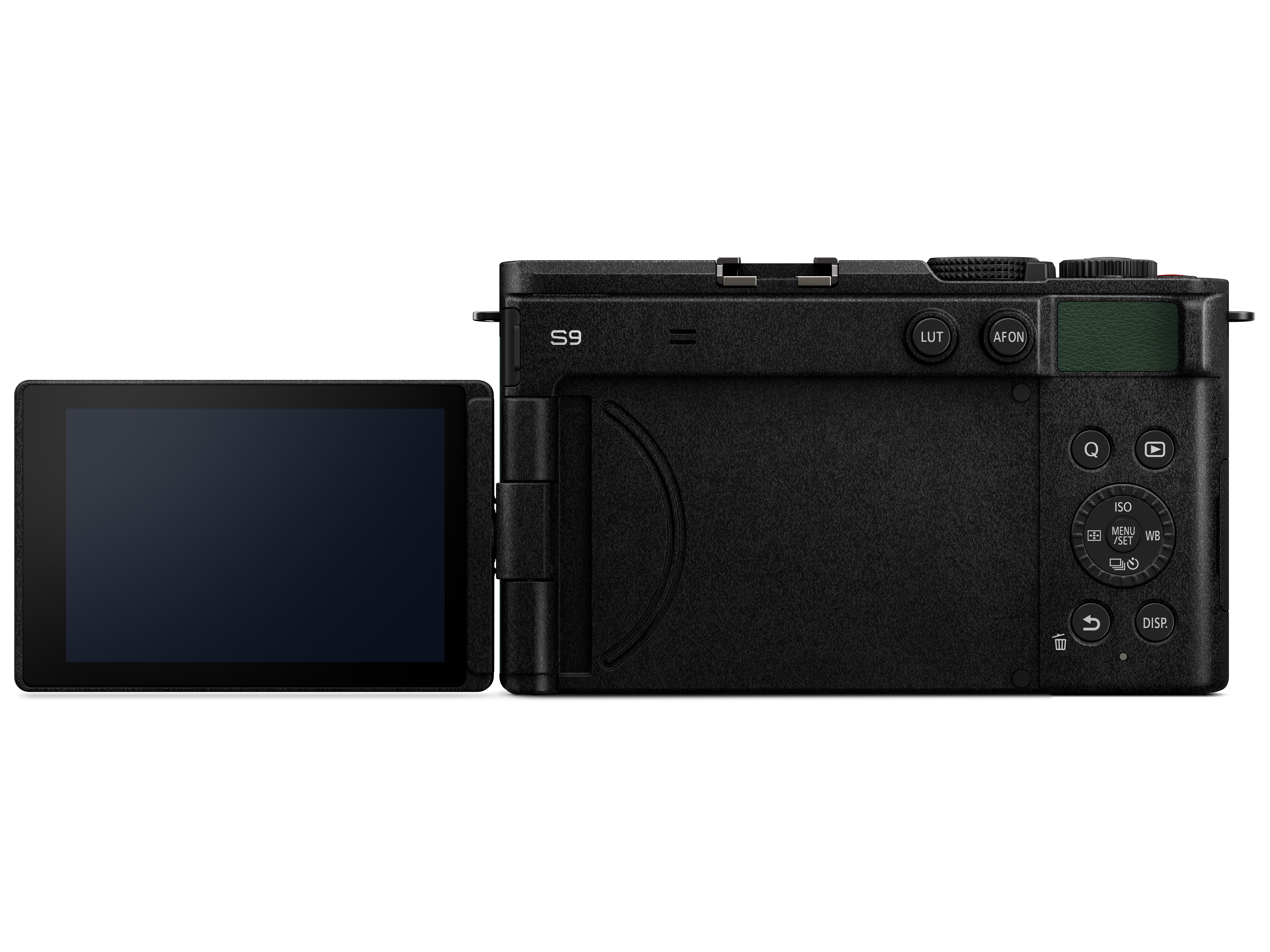 Lumix S9 Gehäuse (Dark Olive) Rückseite mit ausgeklapptem Bildschirm