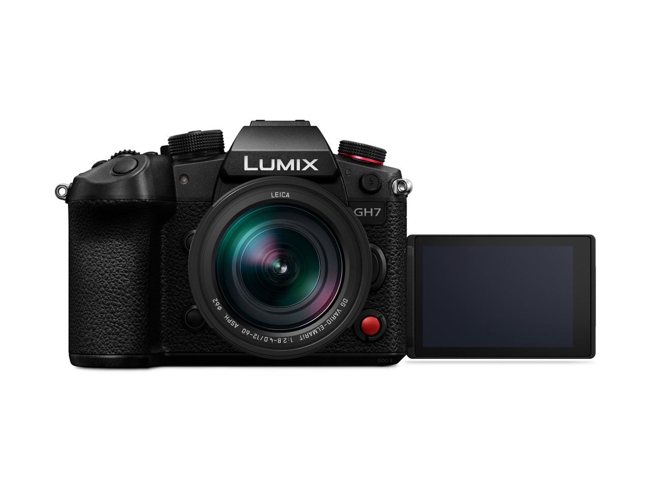 Panasonic Lumix DC-GH7 Kamera mit Leica 12-60mm Objektiv von vorne mit herausgeklaptem Screen