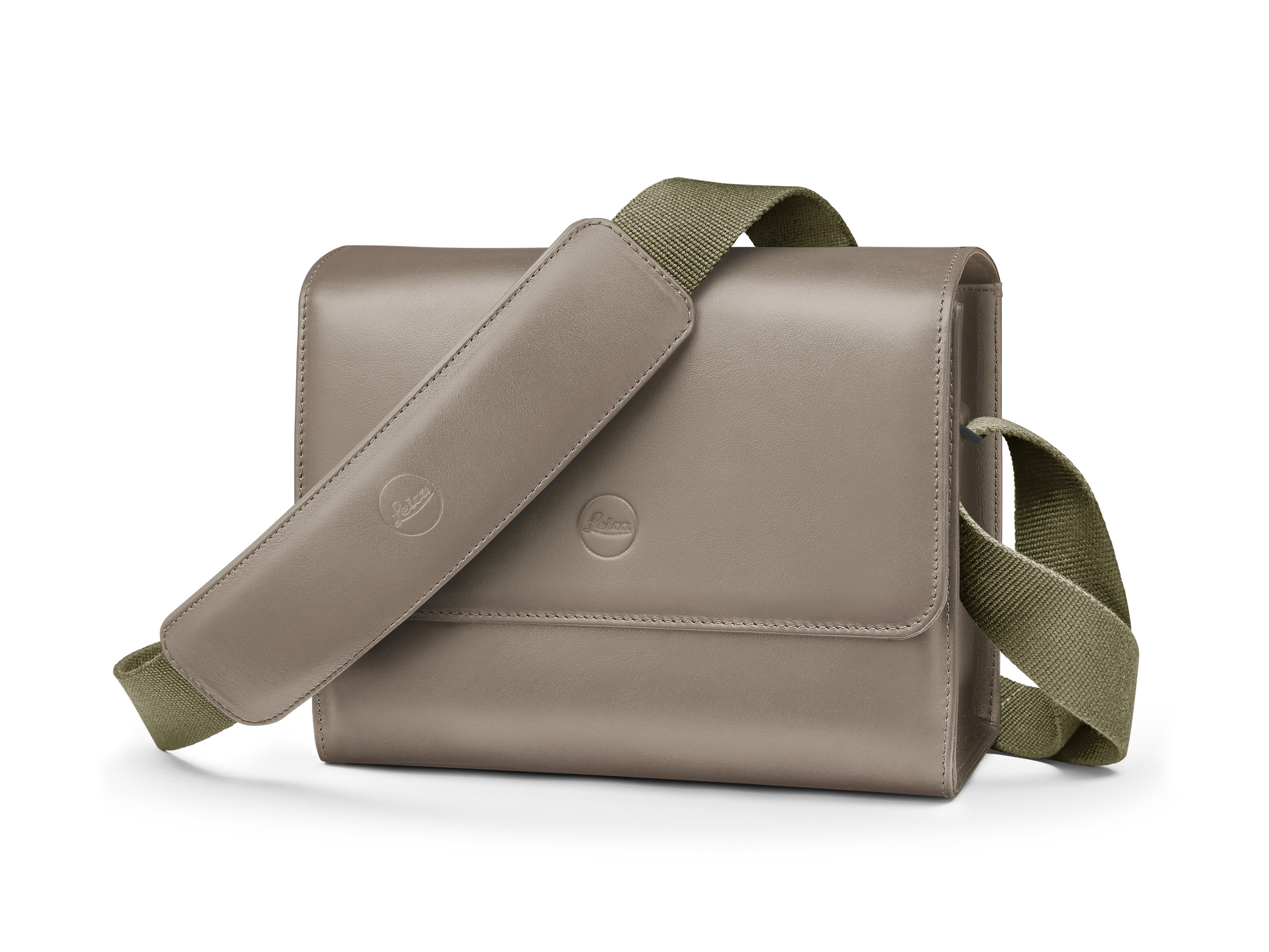 Leica Ledertasche für M-System in der Farbe Taupe mit Olivgrünem Baumwollgurt