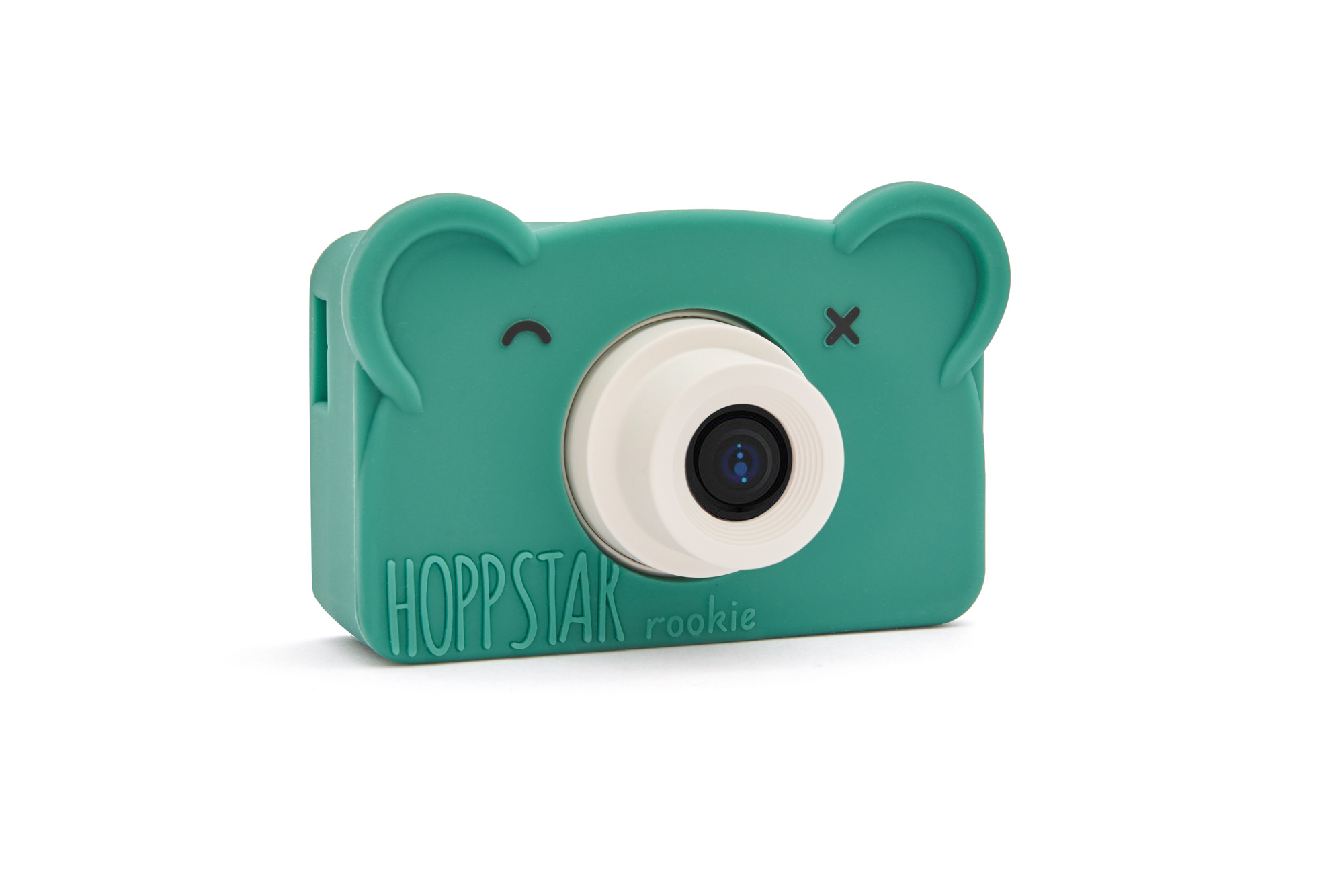 Hoppstar Rookie Kamera mit Bear Moss (Moosgrün) Silikonhülle, Frontalansicht leicht schräg