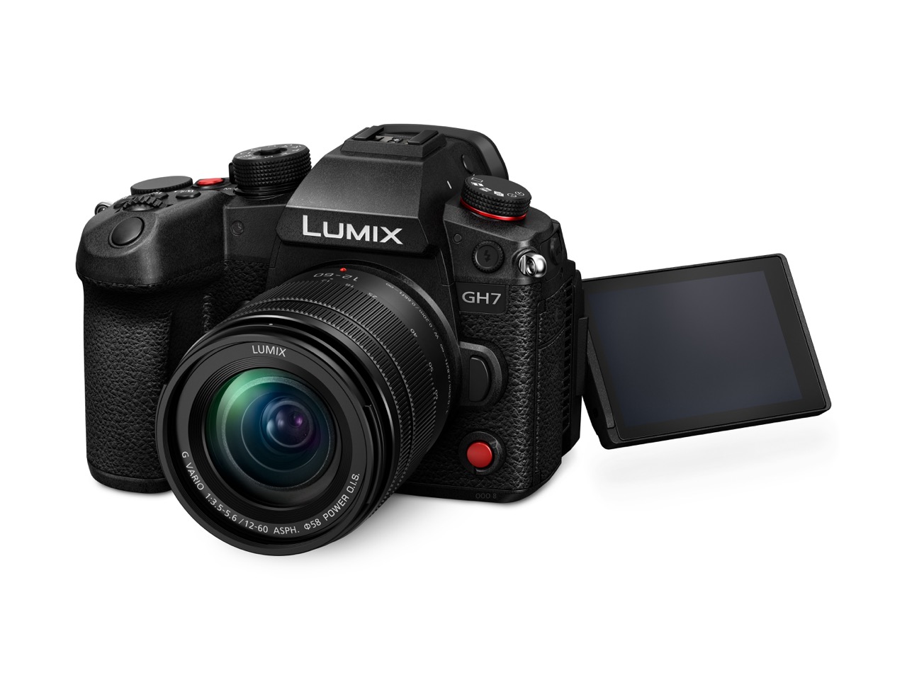 Panasonic Lumix DC-GH7 Kamera mit Lumix 12-60mm Objektiv, von Schräg vorne mit herausgeklaptem Screen