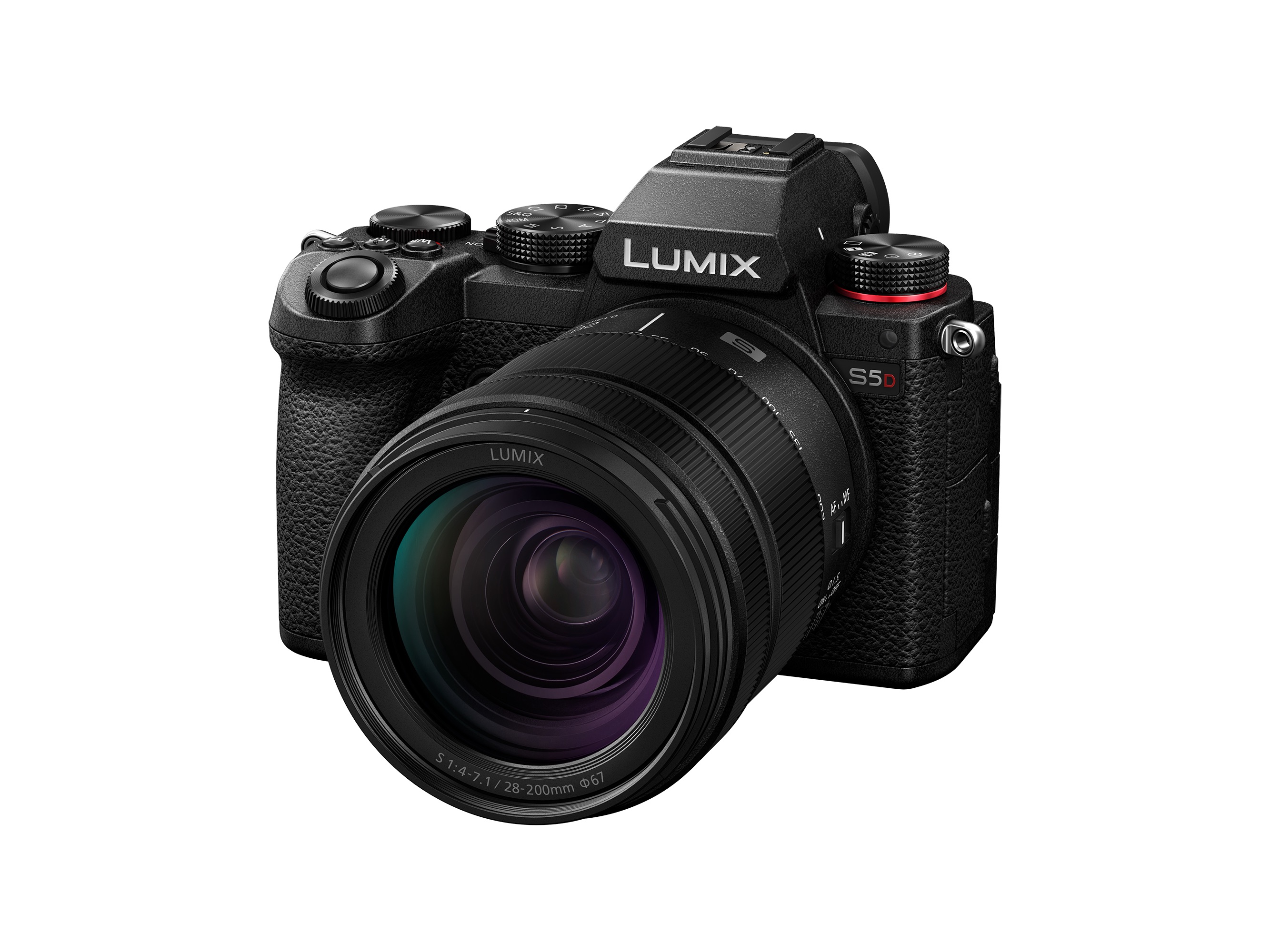 Panasonic Lumix DC-S5D Systemkamera mit 28-200mm Objektiv, Frontalansicht leicht schräg