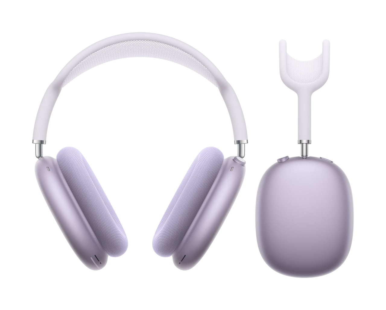 Apple AirPods Max (2024) Over-Ear Kopfhörer in der Farbe Violett, Frontalansicht und daneben Seitenansicht