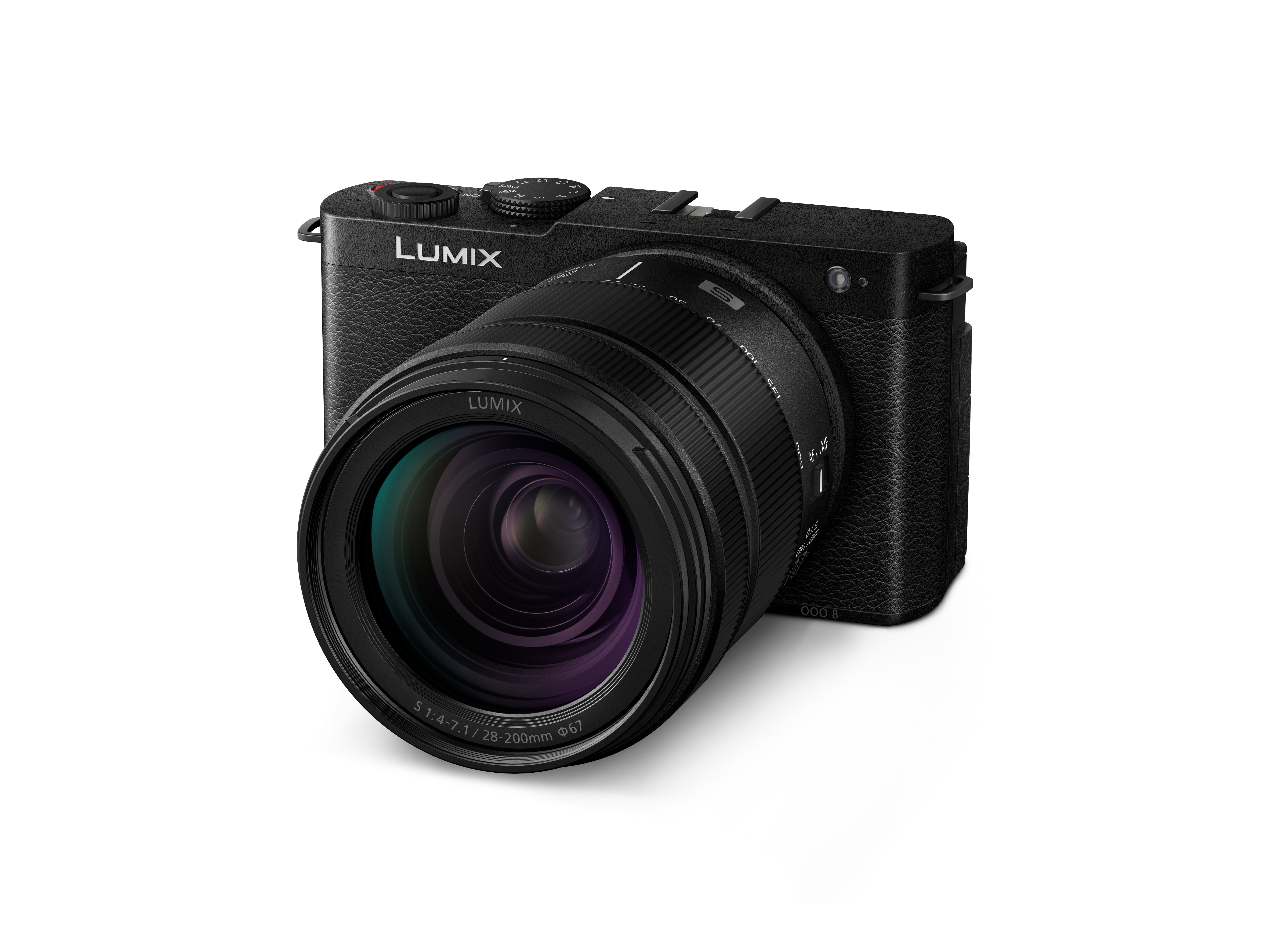 Panasonic Lumix S9 Gehäuse in der Farbe Jet Black mit 28-200mm Objektiv, Ansicht Frontal leicht Schräg