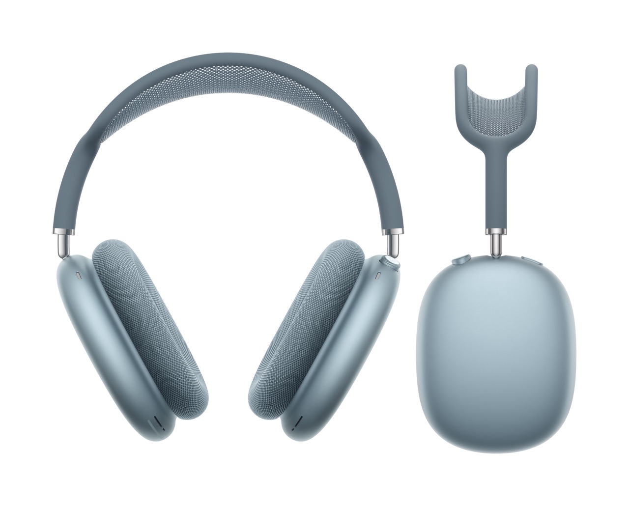 Apple AirPods Max (2024) Over-Ear Kopfhörer in der Farbe Blau, Frontalansicht und daneben Seitenansicht