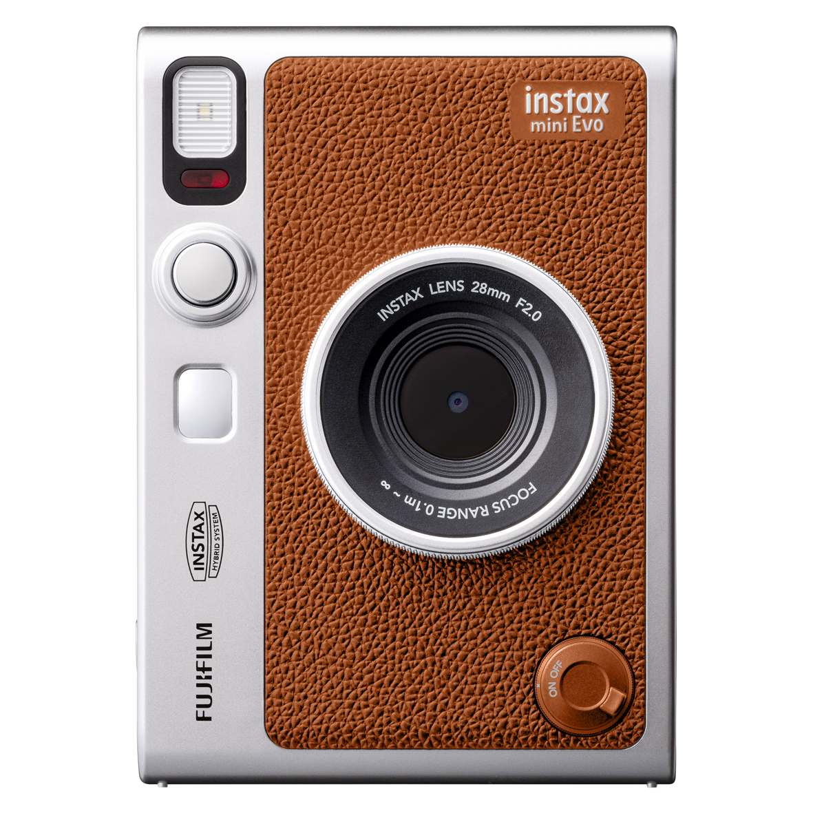 Fujifilm Instax mini EVO Hybridkamera in Braun, Frontalansicht