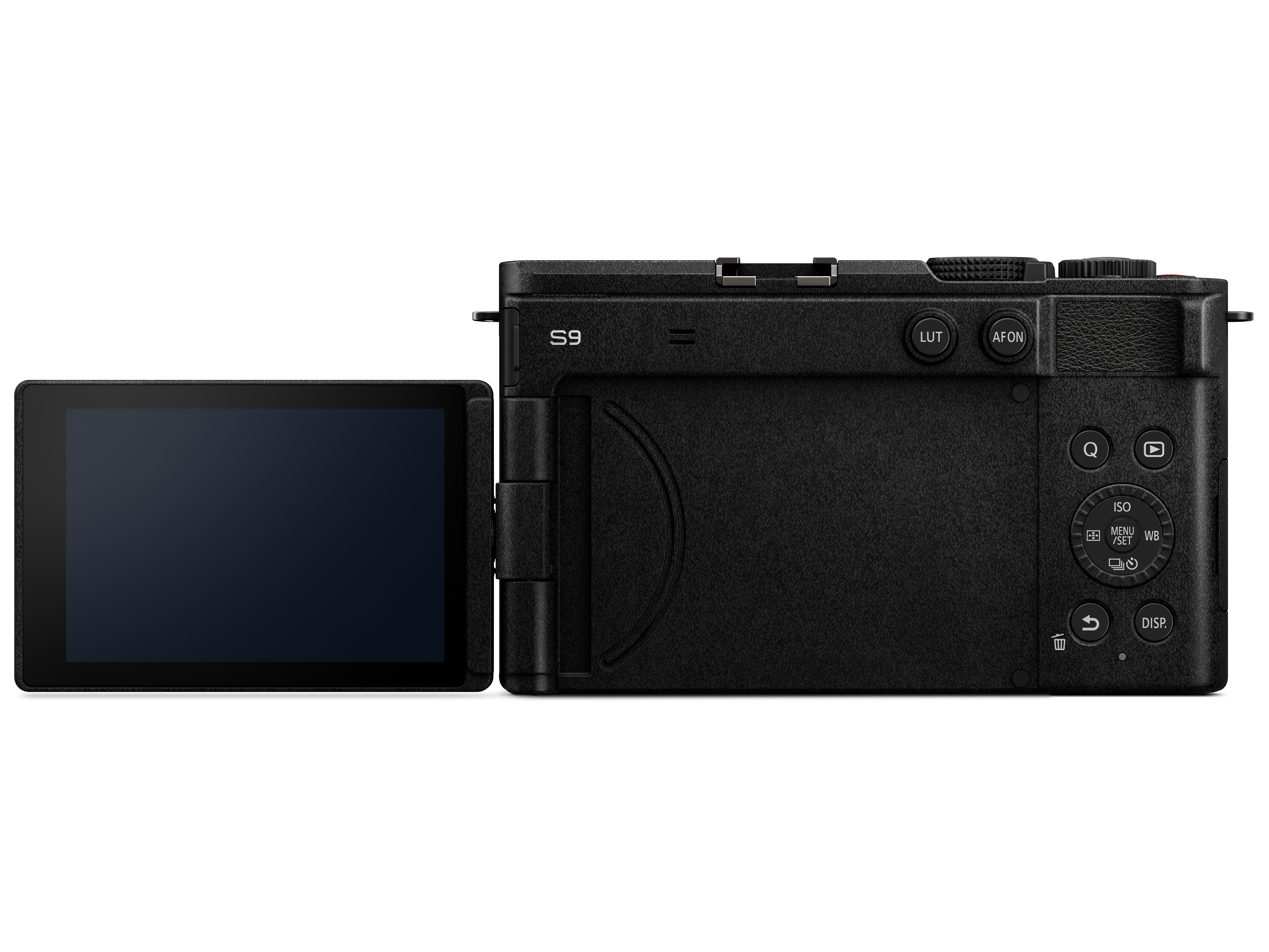 Panasonic Lumix S9 Gehäuse in der Farbe Jet Black, Ansicht von Hinten mit ausgeklapptem Bildschirm