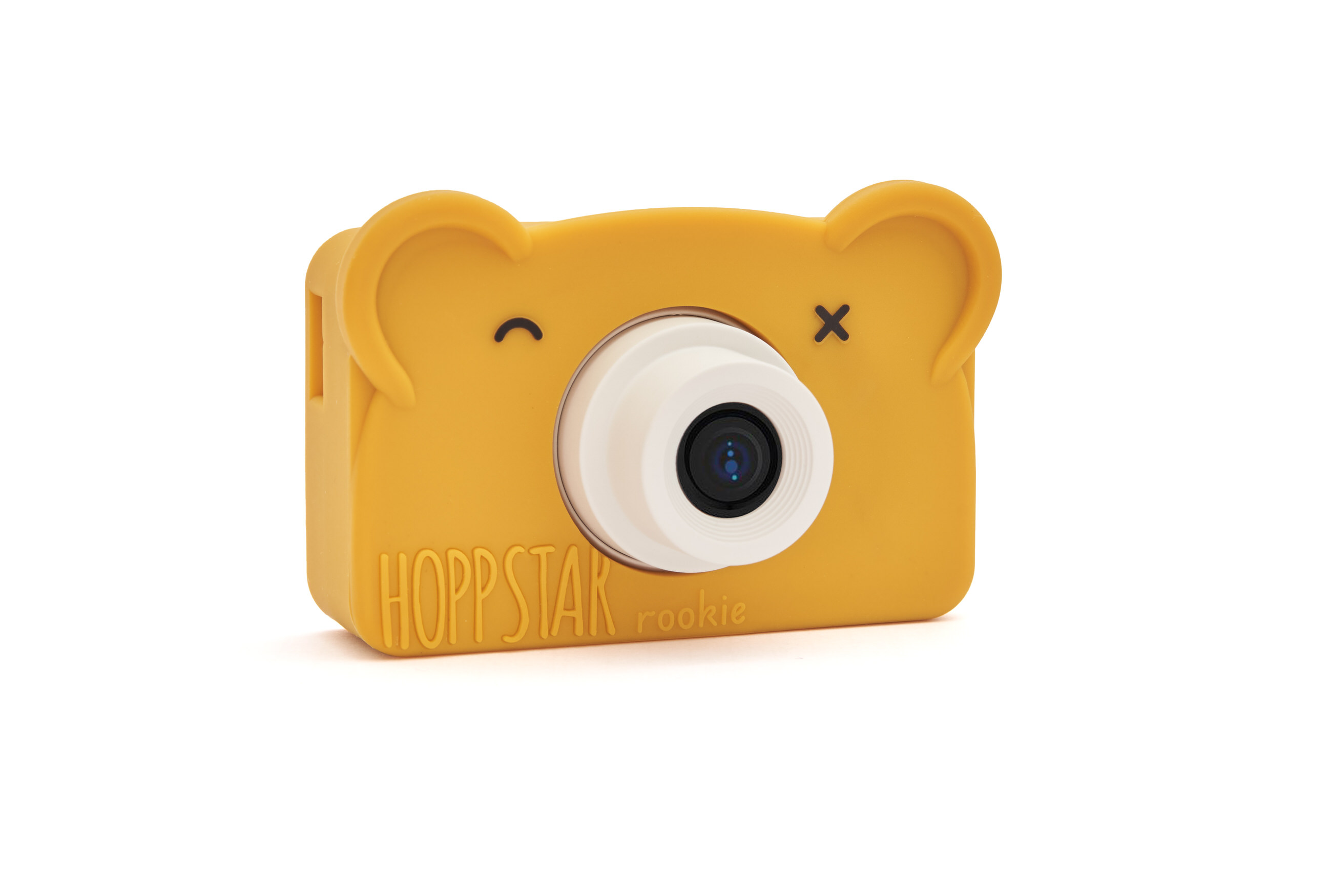 Hoppstar Rookie Kamera mit Bear Honey (Senfgelb) Silikonhülle, Frontalansicht leicht schräg
