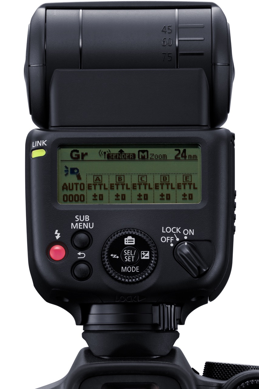 Canon Speedlite EL-10 Blitz, von hinten mit aktivem Screen